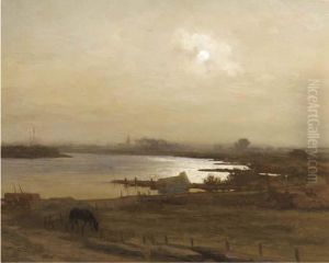 A Moonlit Bend In The River Ijssel Near Kampen by Willem Bastiaan Tholen