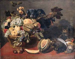 A parrot perched on a basket of fruit