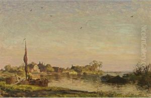 A River Landscape At Sunset