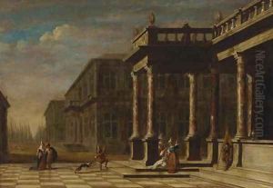 Elegant figures before a palace, a park beyond