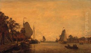 A River Landscape In Summer With Sailingboats Along A Quay