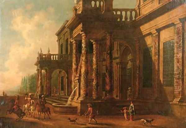 A classical villa with elegant figures on a falconry hunt - view 1