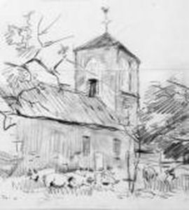 Pigs Rooting Near A Small Church