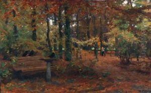 Najaar: A Forest Clearing With Crows On A Wooden Bench