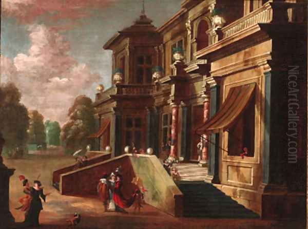 Elegant couples before a mansion - view 1