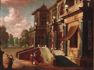 Elegant couples before a mansion