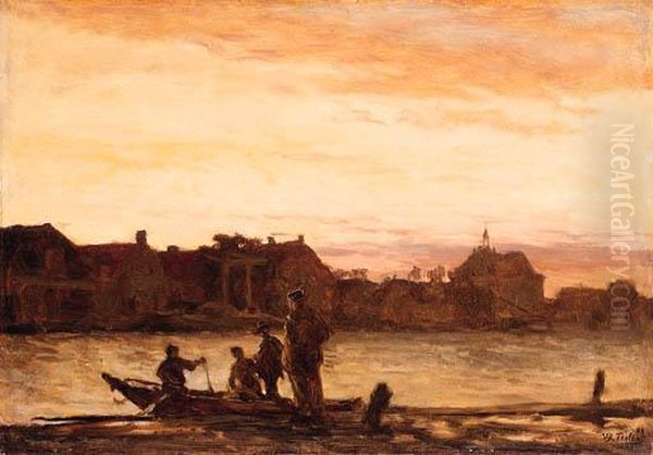 A View Of A Town Along A River With Figures In A Rowing-boat By Aquay - view 1