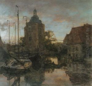 A Dutch Canal At Sunset With The Drommedaris, Enkhuizen