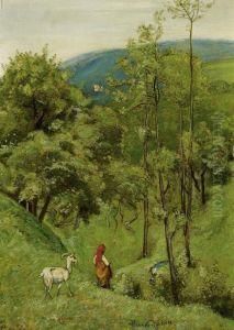 Shepherd Girl With A Goat In The Meadow Of Rolling Hills by Hans Thoma