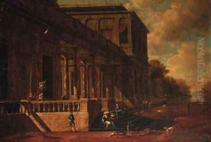 Elegant figures on the steps of a mansion, a park landscape beyond