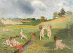 Spielende Putti Auf Einer Wiese Im Fruhling. by Hans Thoma