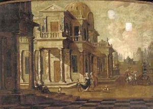 A capriccio of a classical palace with elegant company and falconers