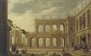 A classical palace with elegant figures in a piazza