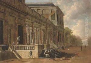 A palace with elegant company conversing in a garden, a lake beyond