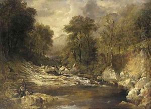 Anglers in a mountainous river landscape