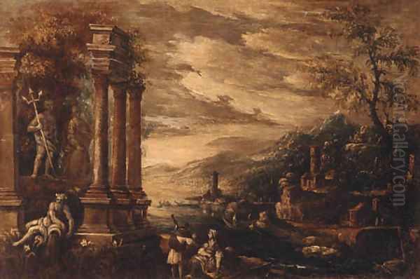 Figures by a classical ruin with the coast beyond - view 1