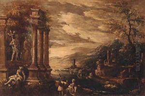 Figures by a classical ruin with the coast beyond by North-Italian School