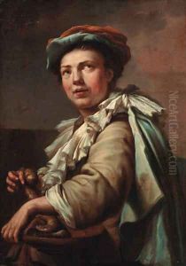 A man wearing a blue and red cap holding a bowl of sausages by North-Italian School