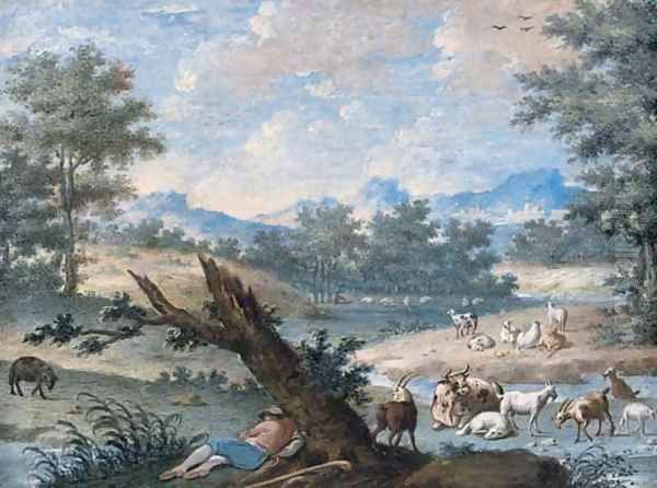 A shepherd sleeping under a tree, his flock grazing around him - view 1
