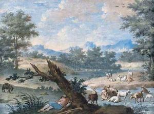 A shepherd sleeping under a tree, his flock grazing around him by North-Italian School