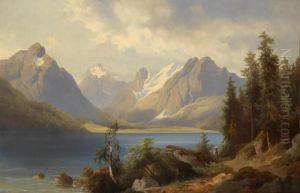 Mountain Landscape Withdecorative Figures by Josef Thoma