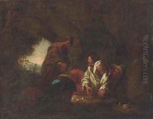 Peasants playing dice in a cave; and Peasants drinking in an interior