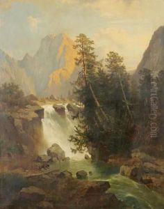 An Alpine Landscape With A Waterfall And A Bear