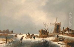 Dutch Winter Landscape With Ice Skaters by Josef Thoma