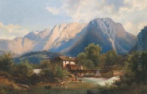 Paesaggio Montuoso Con Mulino E Figure Accessorie In Primo Piano