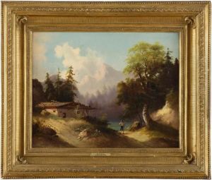 Bewaldete Seenlandschaft Mit Wanderern.