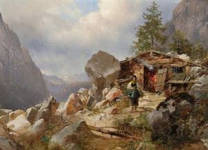 Gebirgslandschaft Mit Sennerhutte Und Figurliche Staffage