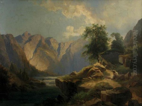 River In The Alps With Staffage - view 1