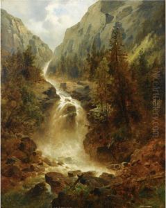 A Waterfall In An Alpine Landscape by Josef Thoma