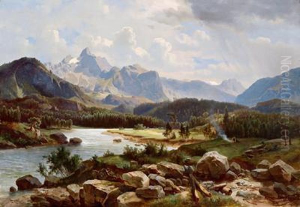 Alpenlandschaft Mit Rastenden Jagern - view 1