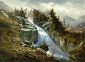 Wasserfall In Den Alpen by Josef Thoma