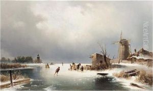 Winter Ice-skating, Signed, Oil On Canvas, 5.5 X 82 Cm.; 2 X 32 1/4 In by Josef Thoma