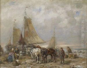 Kustenpartie Mit Pferden, Booten Und Fischern