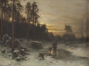 Jager Mit Hund In Winterlandschaft