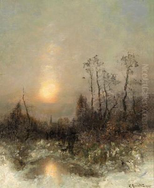 Hunter Returning Home In A Winter Landscape by Desire Tomassin