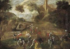 An Italianate river landscape with laundresses in the foreground