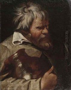 An old man carrying an earthenware jug in his right arm An old man carrying an earthenware jug in his right arm