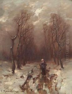 Desire . Countrywoman Walking On A Wintry Avenue. Oil/panel, Signed