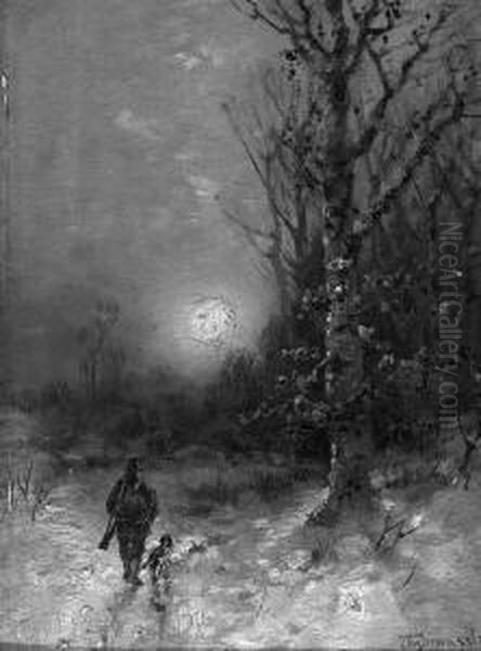 D. "jager Mit Hund In
 Winterlandschaft Bei Untergehender Sonne". Sign. Ol Auf Karton.
 16,5 X 12,5 Cm. Rahmen - view 1