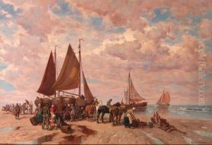 A Coastal Scene With Fisherfolk 
Sorting The Day's Catch, Beachedfishing-smacks In The Background by Desire Tomassin