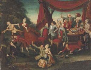 A fete galante with elegant company carousing by North-Italian School