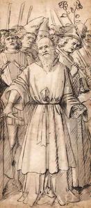 A standing bearded man holding the hands of a betrothed couple by North-Italian School