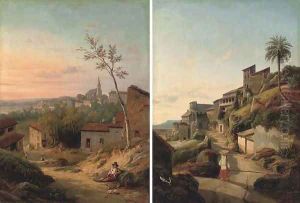 Approaching an Italian hilltown at dusk; and A boy resting at the side of a track by North-Italian School