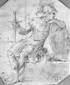 A soldier turning to the left seated on a step A soldier turning to the left seated on a step