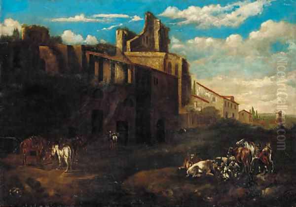 A traveller resting his livestock by a ruin - view 1