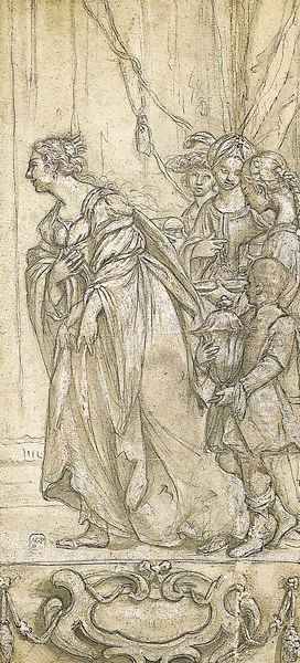 A queen and her retinue in procession to the left, above a cartouche a study for the Queen of Sheba before Solomon - view 1